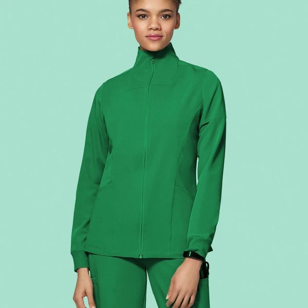 Mandala Scrubs jacket in Emerald features a mock neck and functional front pocke